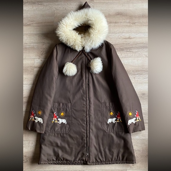 Vintage Parka Inuit Eskimo style polar bear embroidered art fur collar - Picture 1 of 5